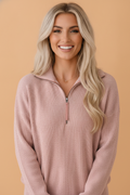 Corded Knit Zipper Collar Drop Shoulder Long Sleeve Top