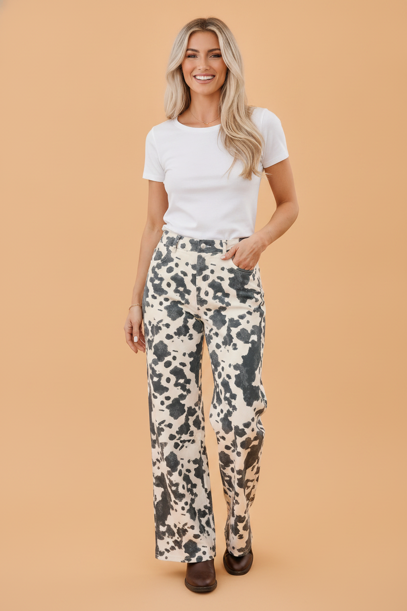 Western Abstract Cow Metal Button Full Length Jeans
