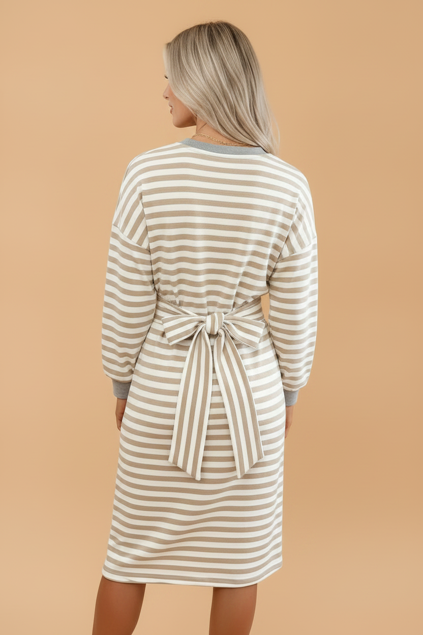 Stripe Colorblock Cuffs Round Neck Long Sleeve Dress