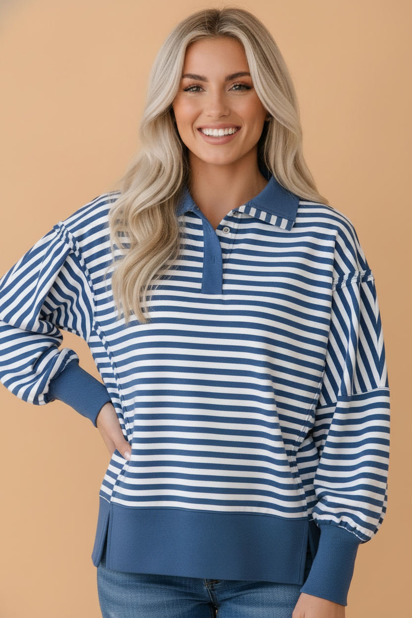 Stripe Colorblock Trim Raw Seam Split Hem Sweatshirt
