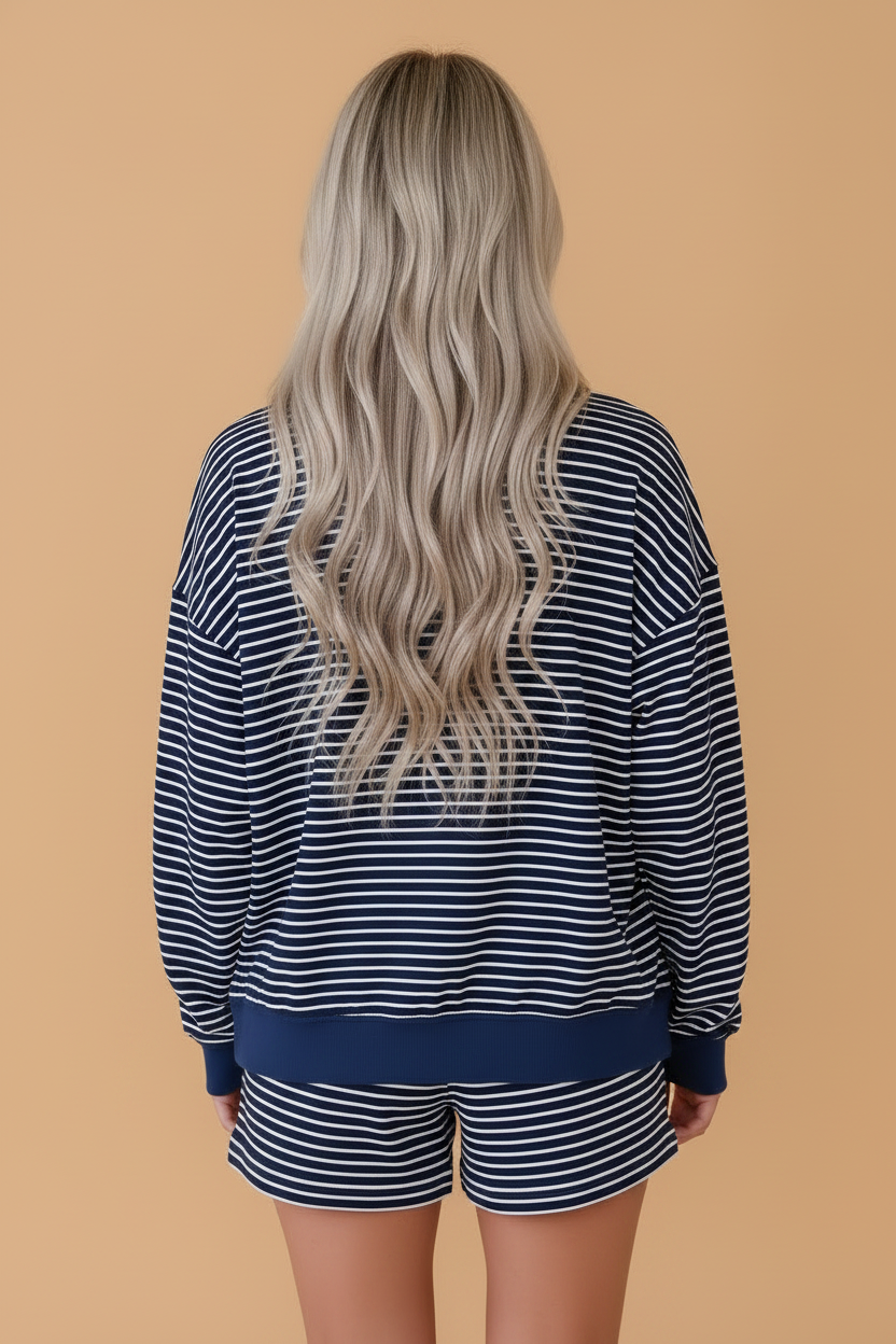 Stripe Ribbed Patchwork Mock Neck Pullover & Shorts Set