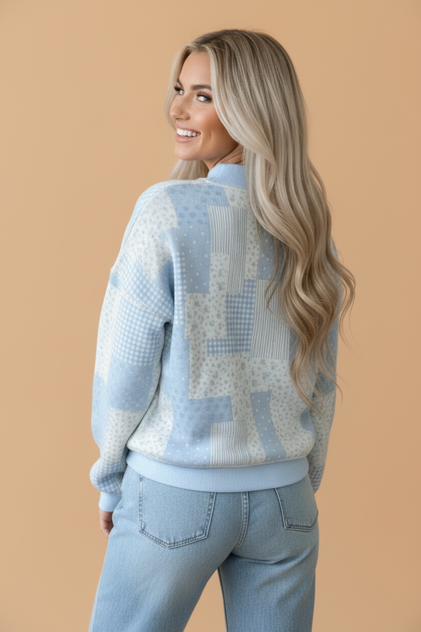 Floral Patchwork Mock Neck Long Sleeve Sweatshirt