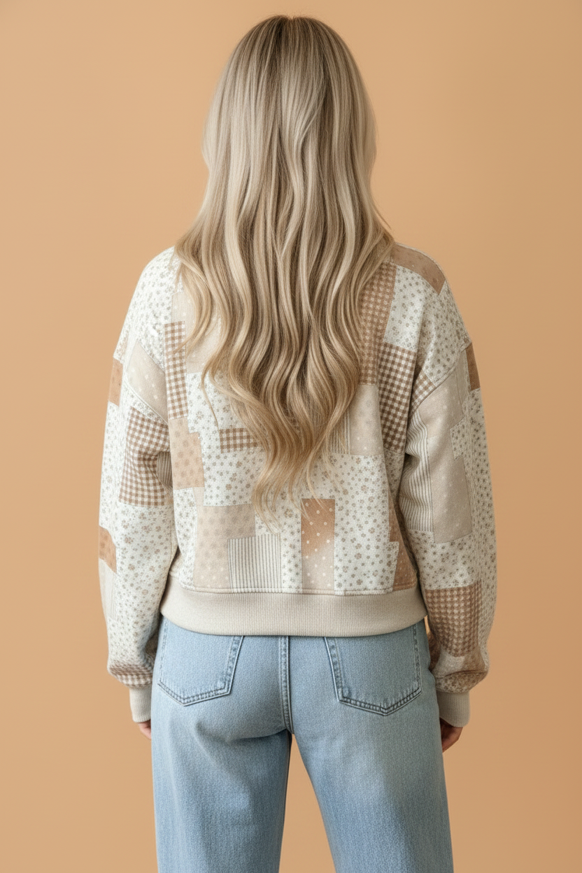 Floral Patchwork Mock Neck Long Sleeve Sweatshirt