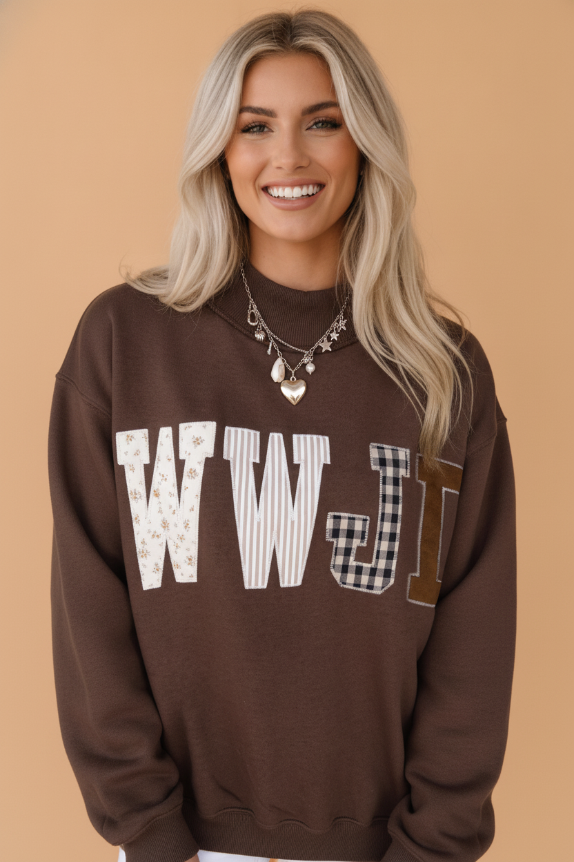 WWJD Embroidered Patchwork Mock Neck Sweatshirt