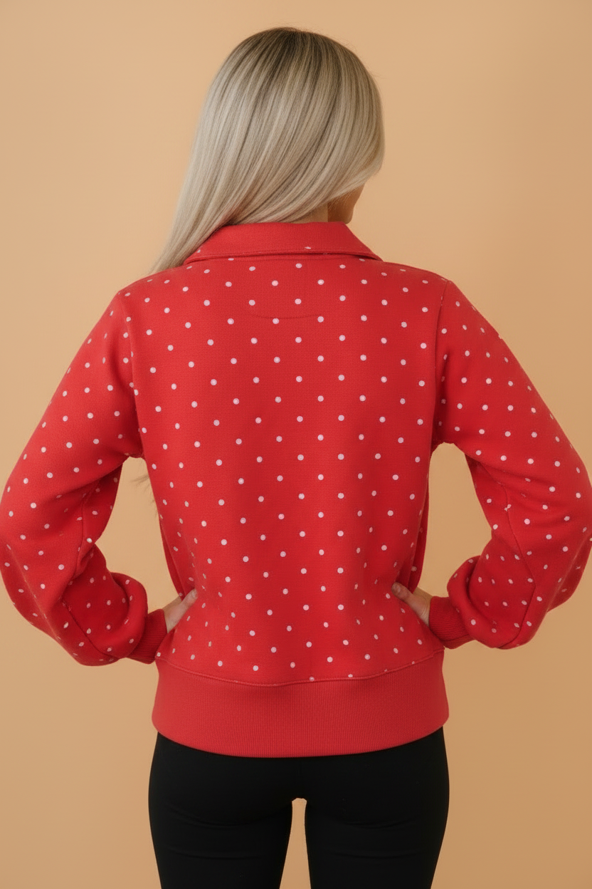 Polka Dot Buttoned Collar Long Sleeve Sweatshirt