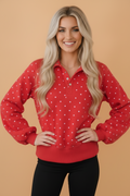 Polka Dot Buttoned Collar Long Sleeve Sweatshirt