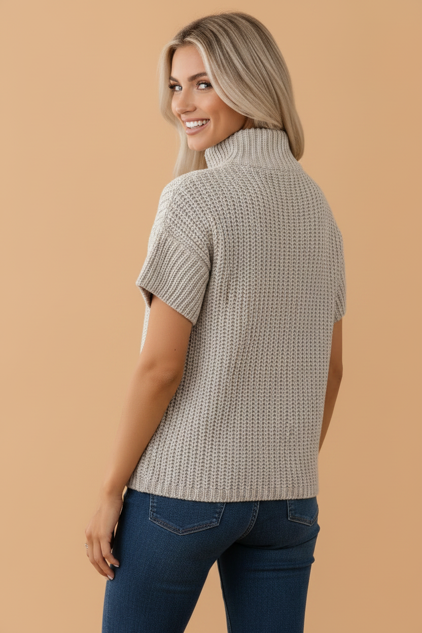 Solid Zipper High Neck Short Sleeve Knit Top