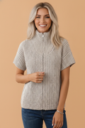 Solid Zipper High Neck Short Sleeve Knit Top