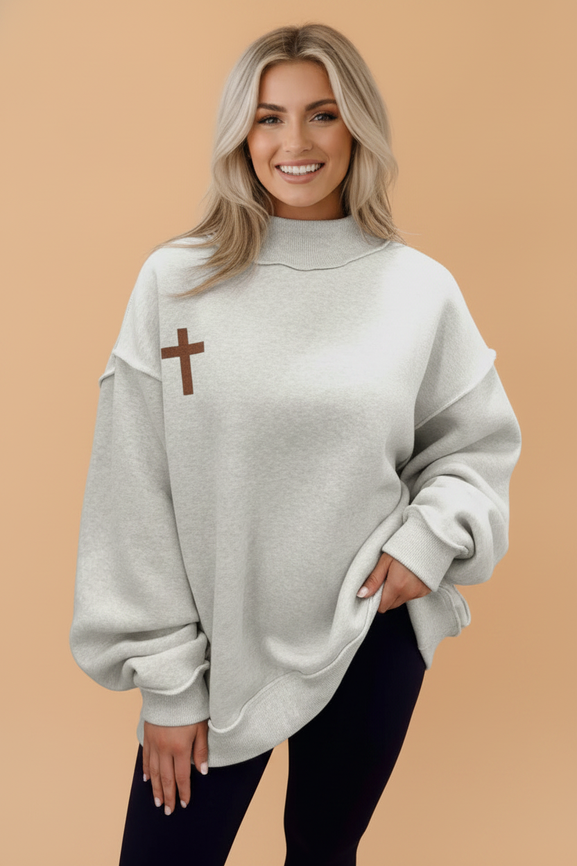 Christian Faith Print Reversible Mock Neck Pullover Sweatshirt