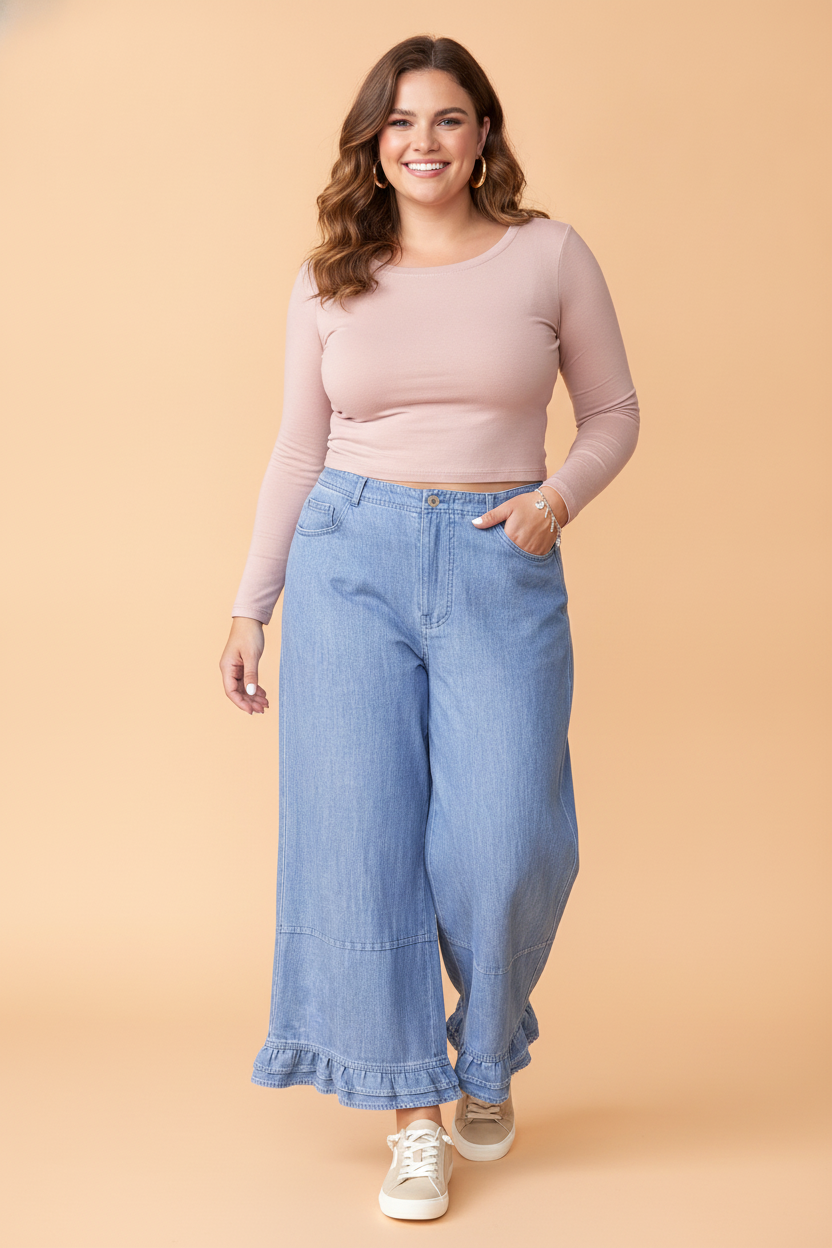 Plus Size Denim Ruffle Hem Wide Leg Jeans