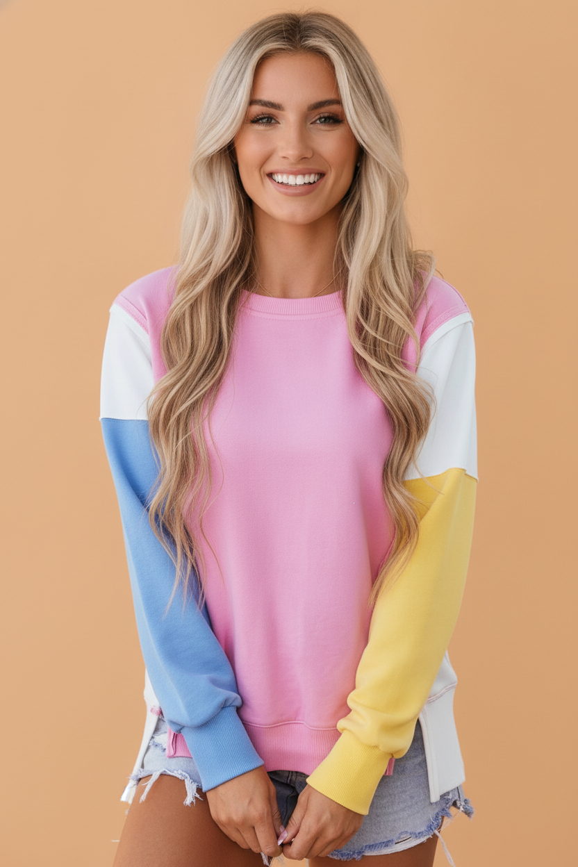 Colorblock Exposed Seam Side Slit Long Sleeve Sweatshirt