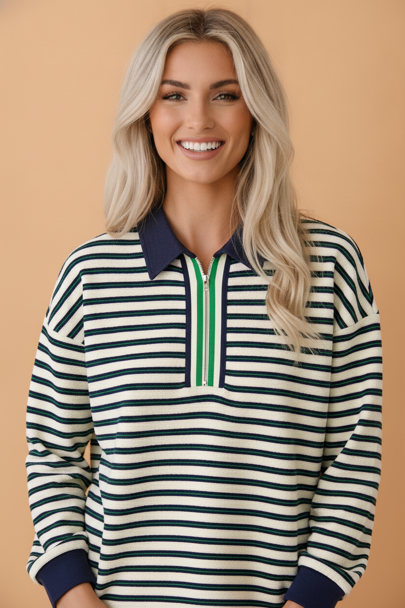 Stripe Contrast Zip Collared V-Neck Long Sleeve Top