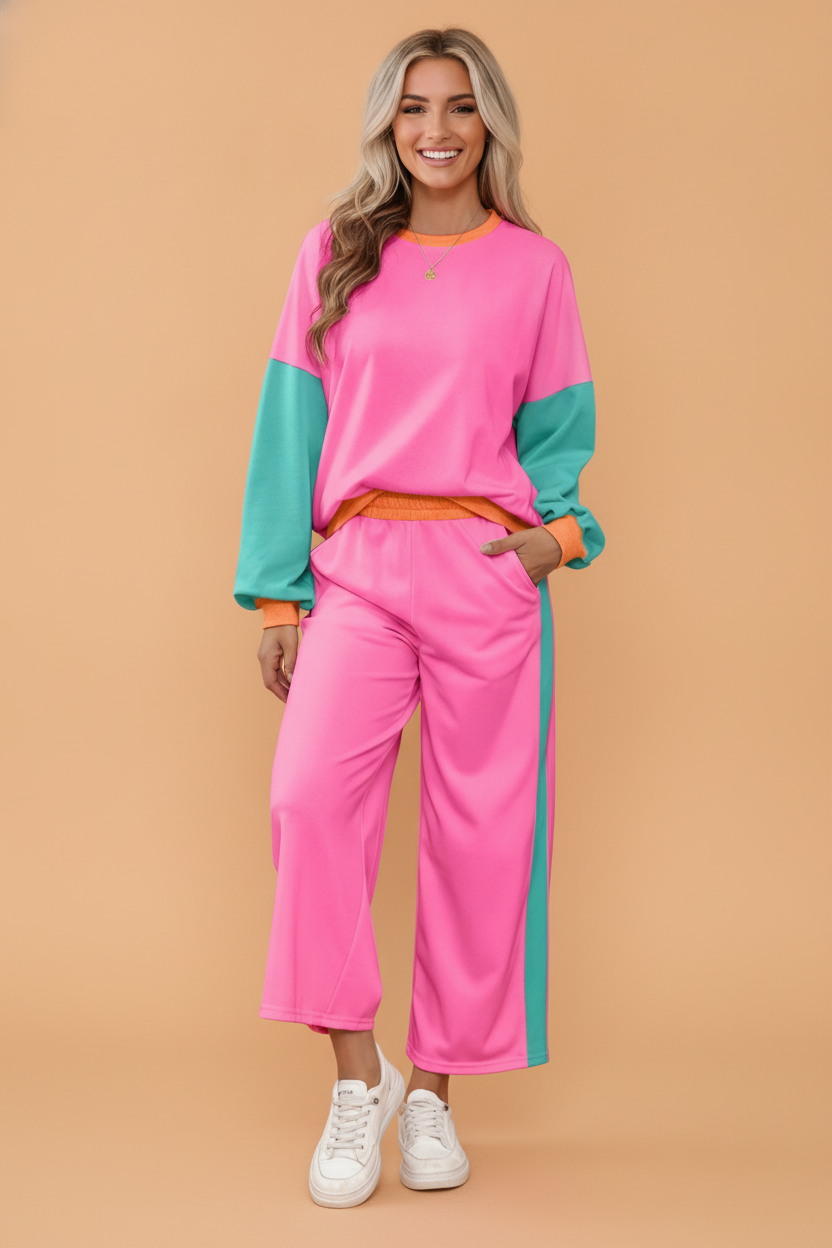 Colorblock Sweatshirt & Loose Pants Set