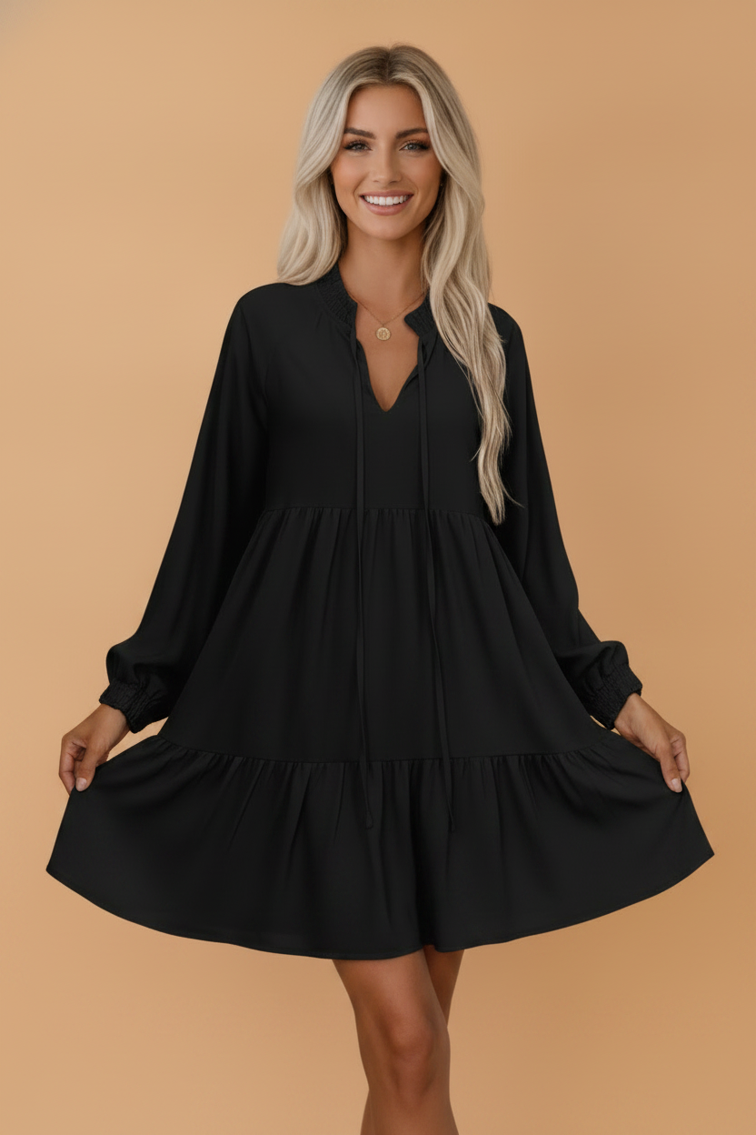 Solid Tie Split Neck Smocked Puff Sleeve Dress