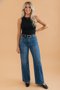 Solid Denim Seam Detail High Waist Jeans