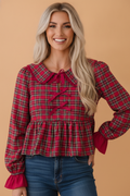 Plaid Collared Bow Tie Ruffle Long Sleeve Blouse