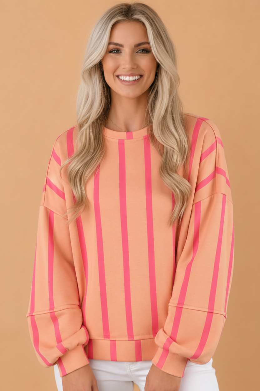 Stripe Drop Shoulder Round Neck Long Sleeve Sweatshirt