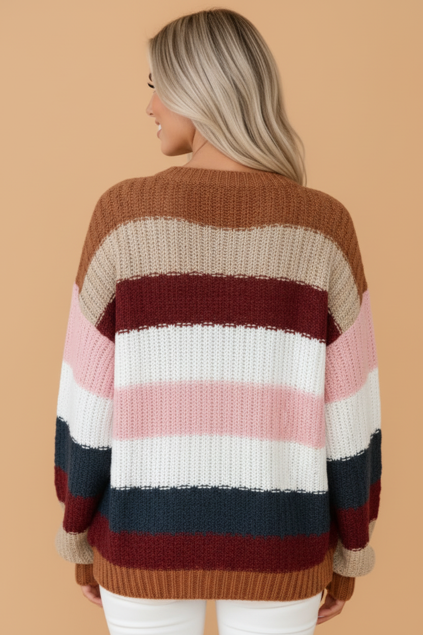 Stripe Chunky Knit Drop Shoulder Long Sleeve Sweater