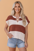 Stripe Colorblock V-Neck Short Sleeve Loose Knit Top