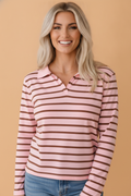Stripe Collared V-Neck Long Sleeve Top