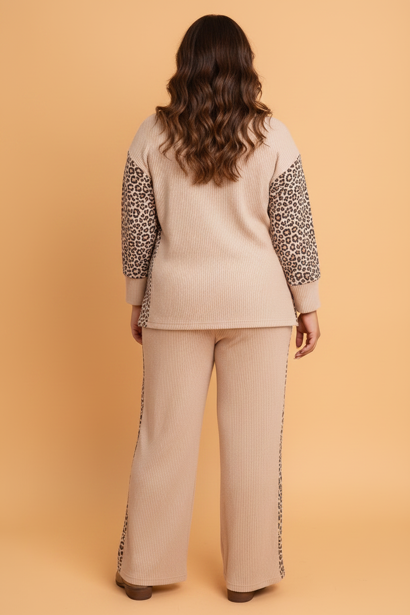 Plus Size Leopard Patchwork Corded Knit Top & Pants Set