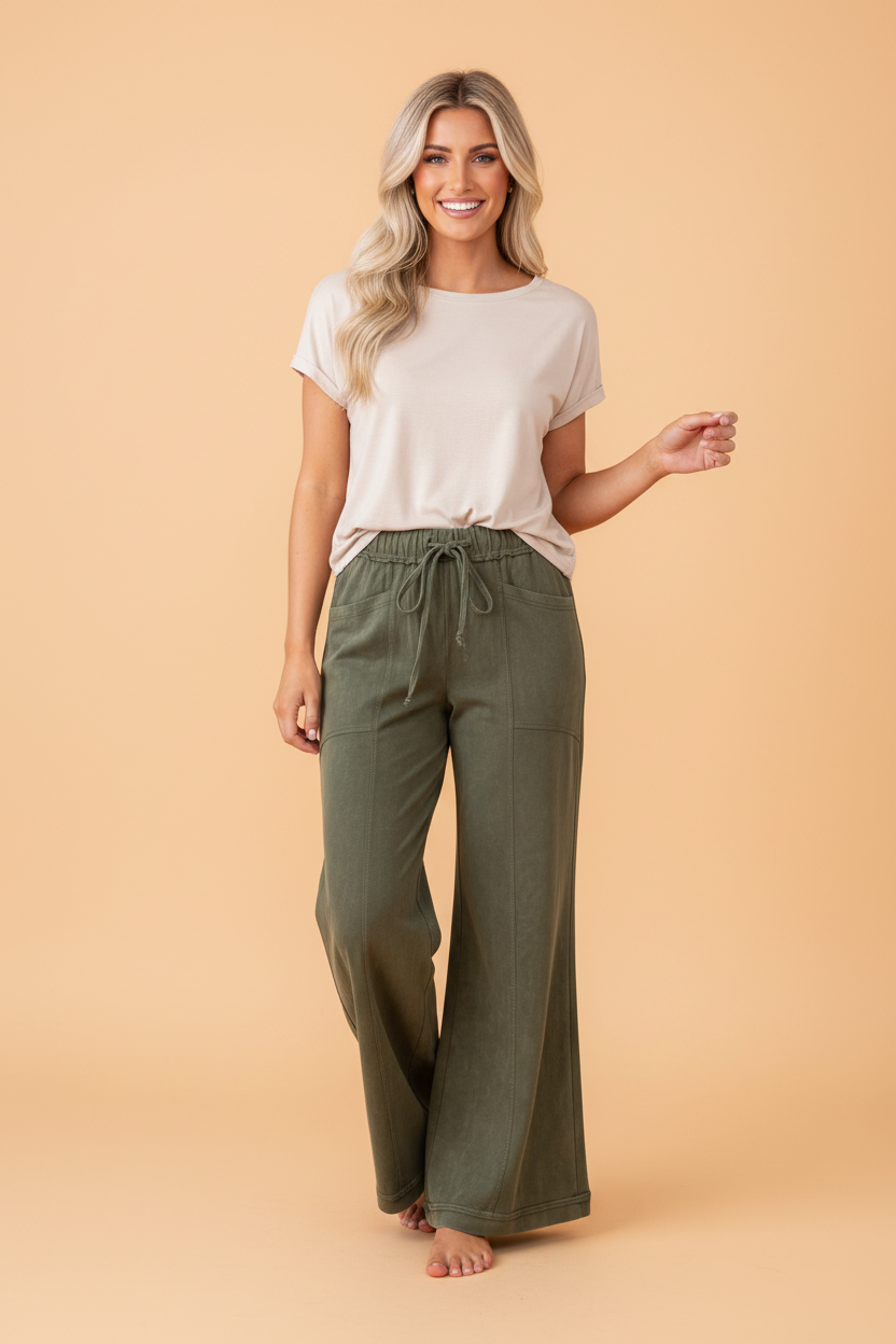 Mineral Wash Seam Detail Flare Leg Drawstring Pants