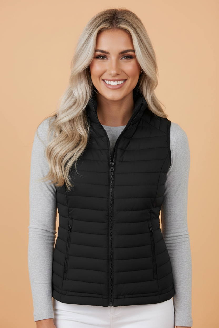 Solid Plush Standing Collar Zip Up Puffer Vest