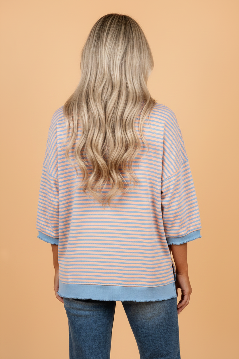 Stripe Colorblock 3/4 Sleeve Lettuce Ribbed Trim Top