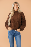 Solid Cable Knit Mock Neck Loose Sweater