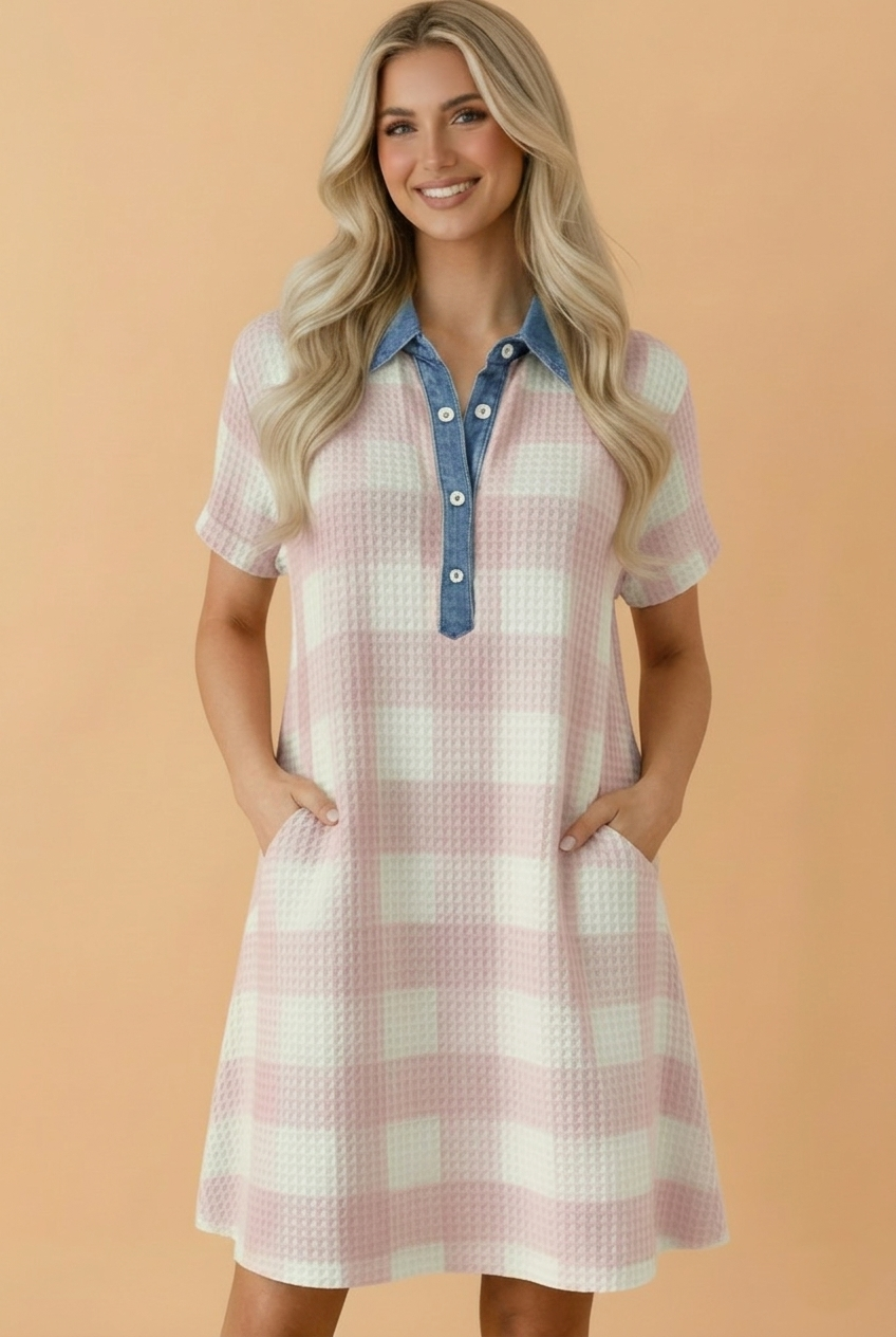 A woman wearing a pink and white plaid mini dress with a denim collar and button placket, styled for a casual preppy look.