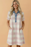 A woman wearing a pink and white plaid mini dress with a denim collar and button placket, styled for a casual preppy look.