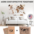 3D wooden world map mounted on a living room wall with colorful flag pins marking travel destinations.
