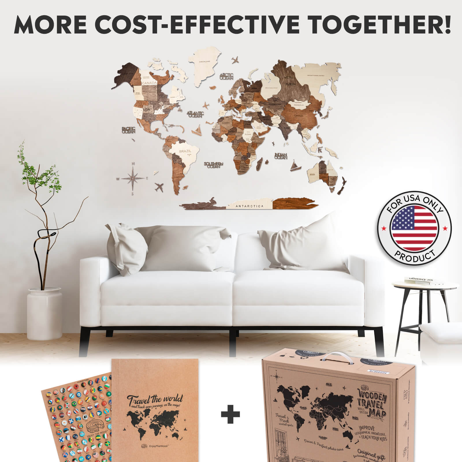 3D wooden world map mounted on a living room wall with colorful flag pins marking travel destinations.