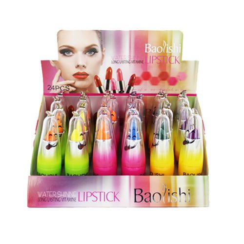 A vibrant 24-piece set of water-shine long-lasting lipsticks in various multi-color shades.