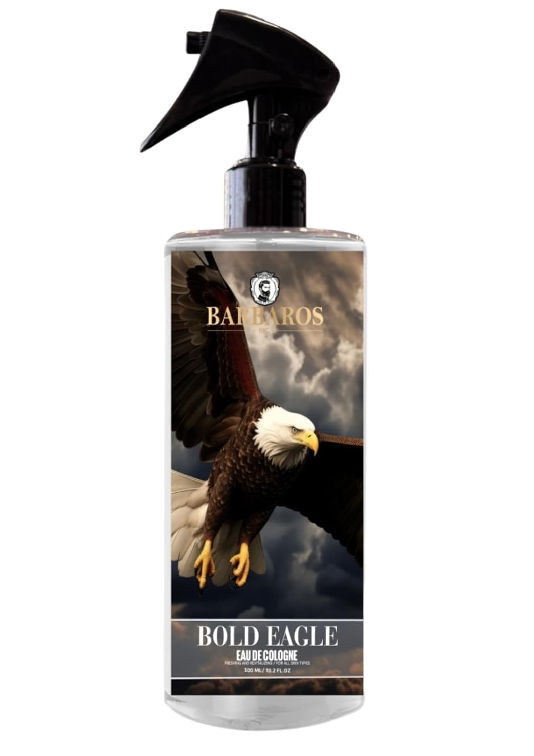 A 16.9oz bottle of Barbaros Bold Eagle Aftershave and Cologne by N.o.s. Barber Supply