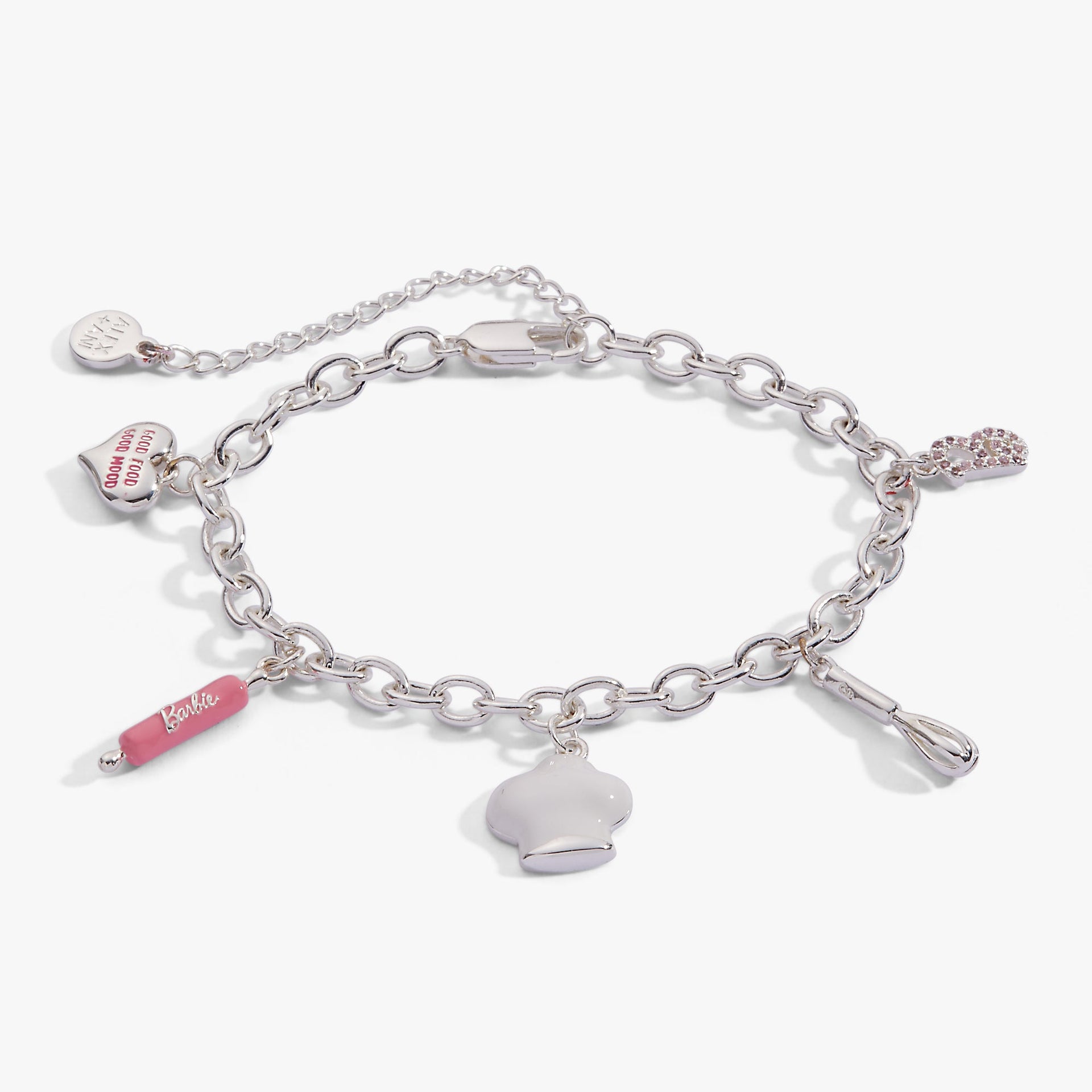 Barbie™ Chef Charm Bracelet with pink enamel culinary charms and pavé accent.