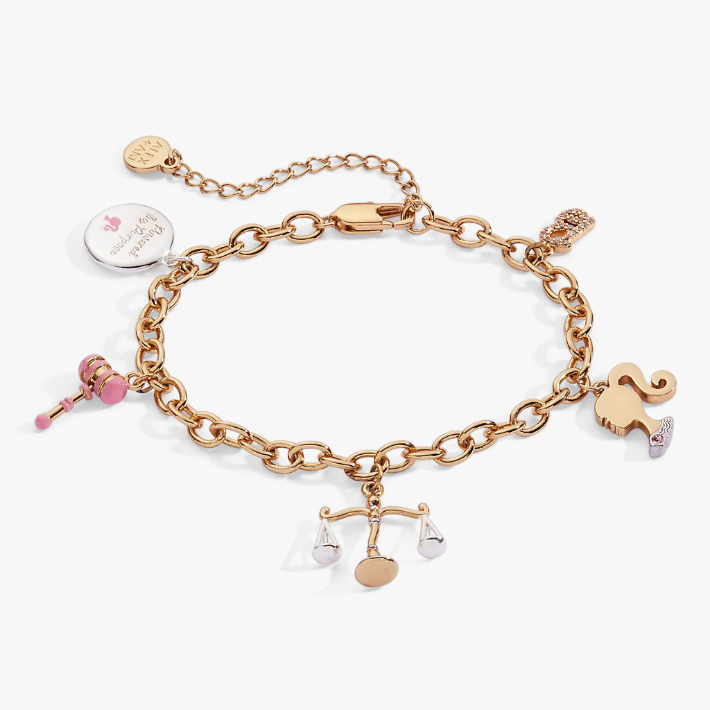 Barbie Legal Charm Bracelet featuring pink enamel charms on gold and silver tone chain
