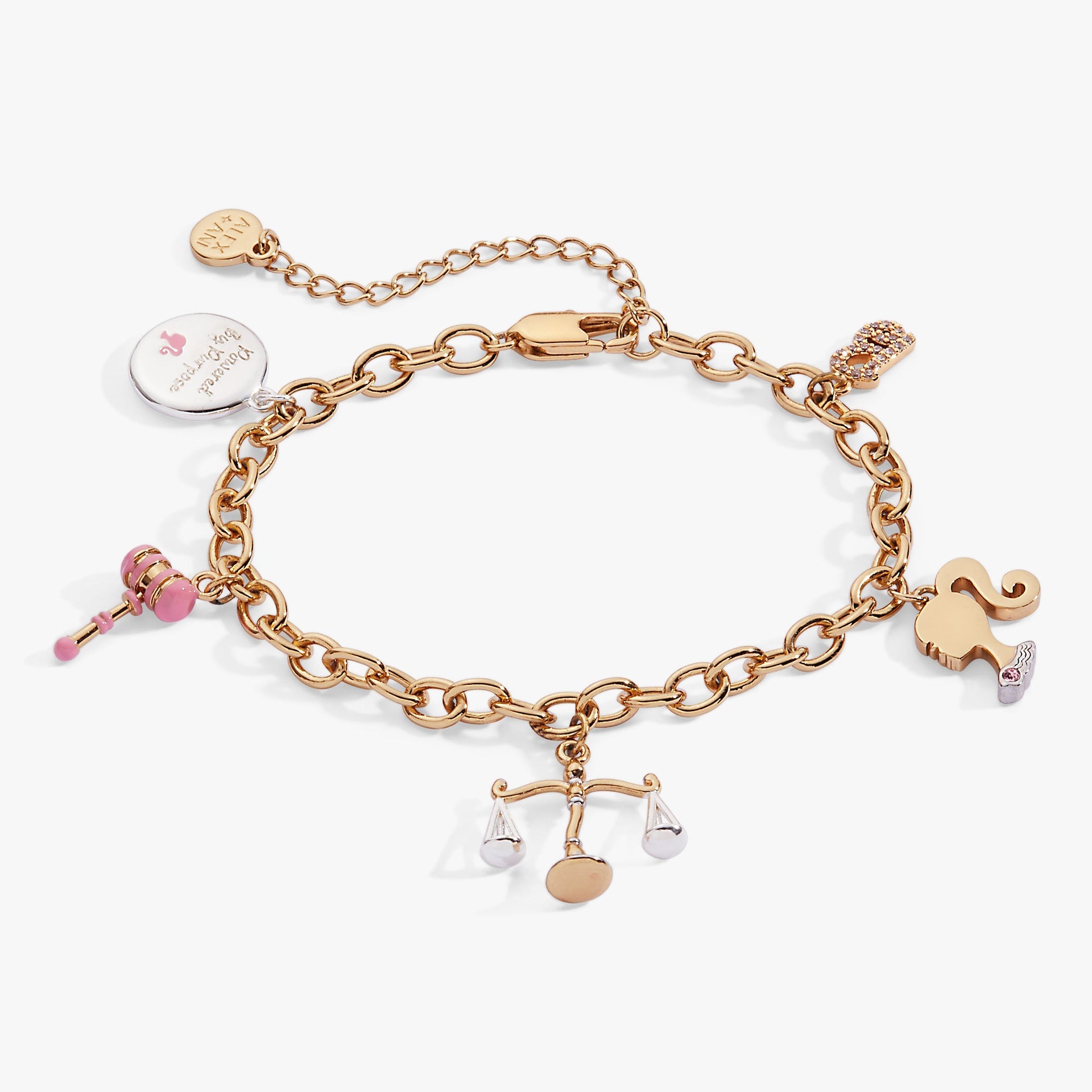 Barbie Legal Charm Bracelet featuring pink enamel charms on gold and silver tone chain
