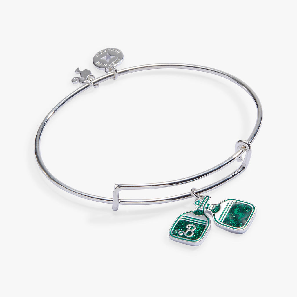 Alex and Ani Barbie Pickleball charm bangle in silver with green glitter paddle charm