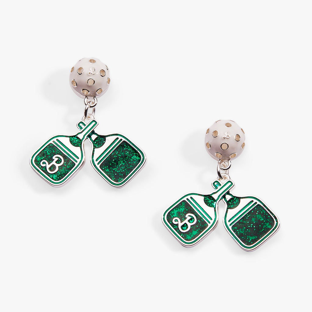 Barbie™ pickleball drop earrings featuring a ball stud and green glitter paddle charm.
