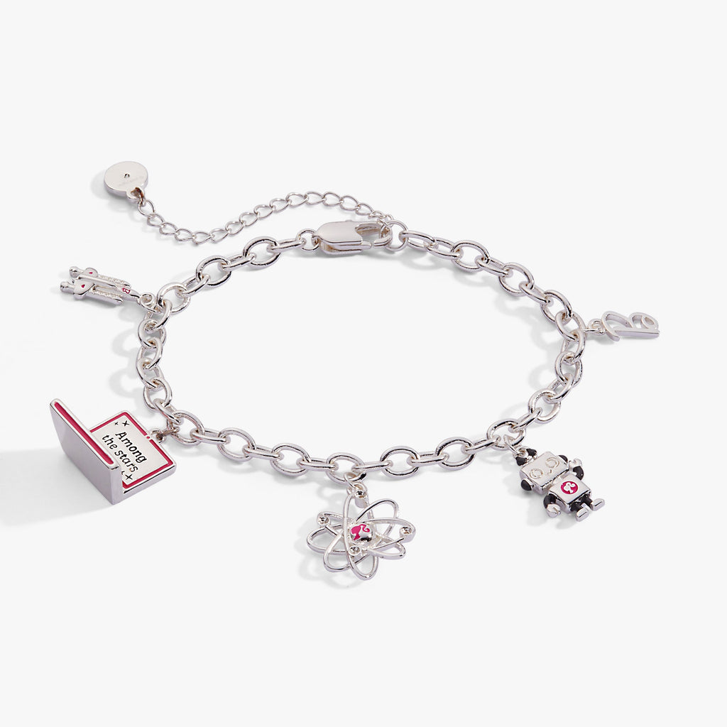 Barbie themed STEM charm bracelet with rocket and atom charms in silver, pink, and white