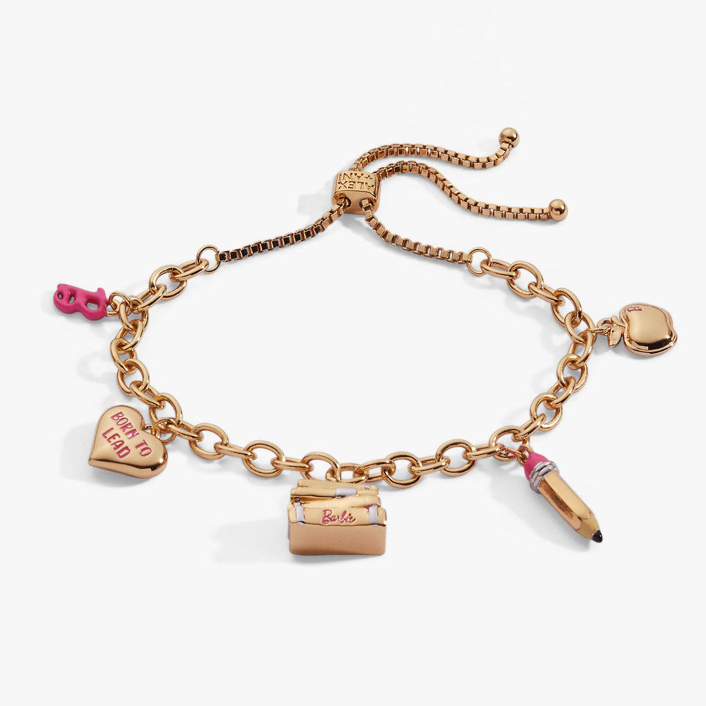 Gold-tone Teacher Bolo Bracelet with pink enamel Barbie letter B and heart charm