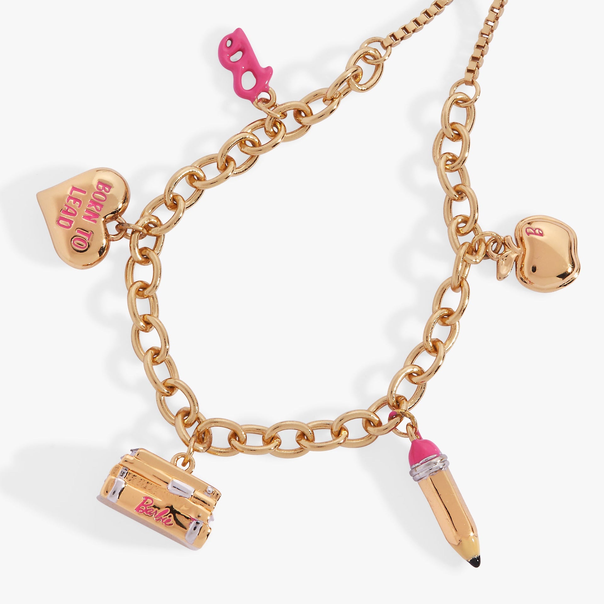 Teacher Bolo Bracelet with Pink Enamel Charms in Gold Finish