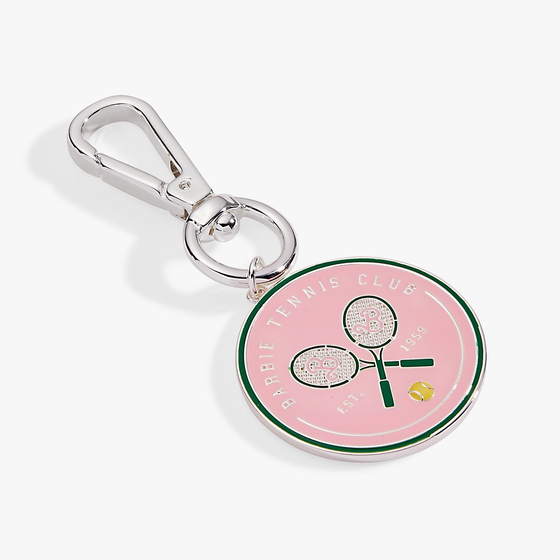 Barbie™ tennis bag charm featuring miniature tennis racquets in pink and green enamel with silver hardware.