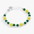Adjustable silver-tone bangle featuring a yellow tennis ball bead with green and pink accents.