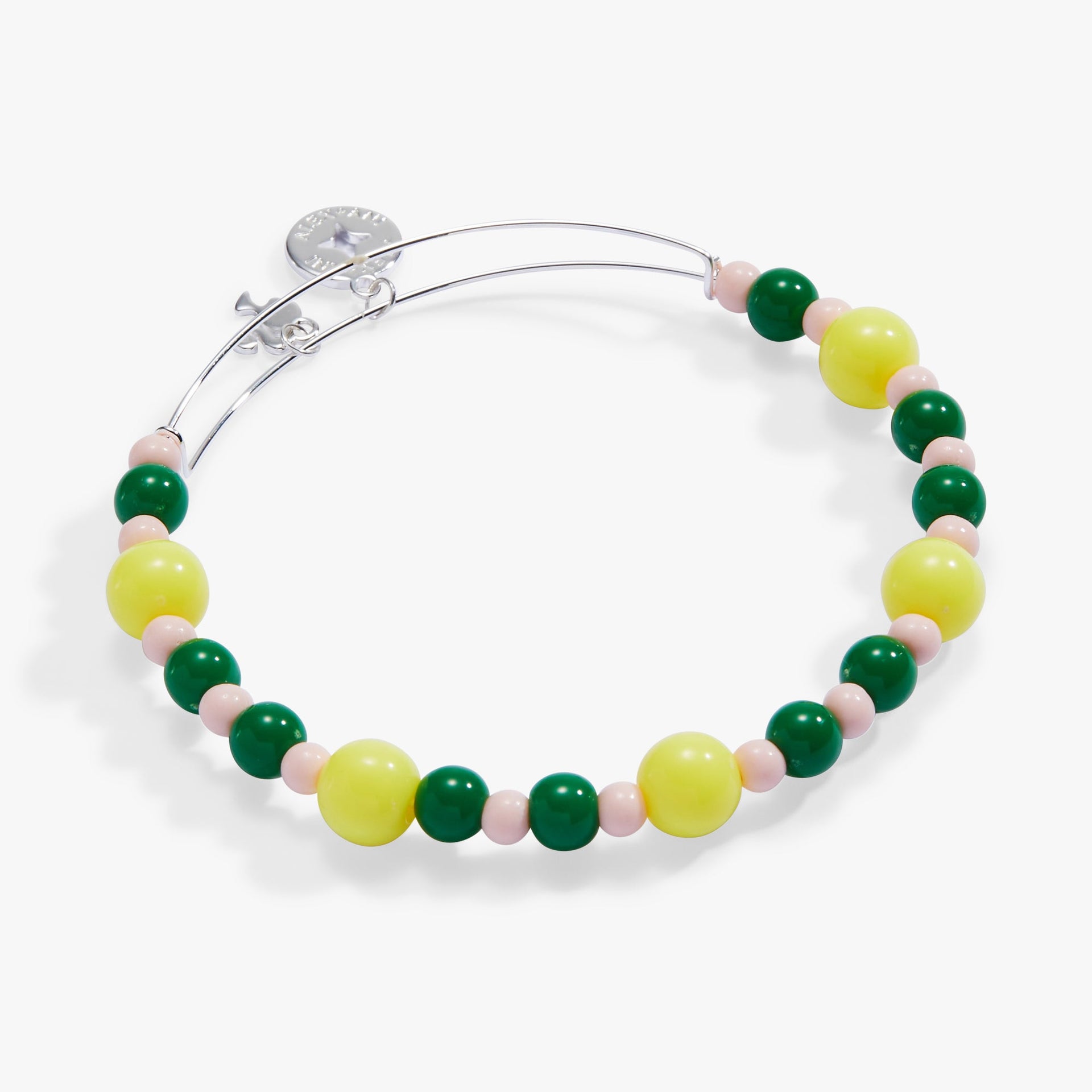 Adjustable silver-tone bangle featuring a yellow tennis ball bead with green and pink accents.