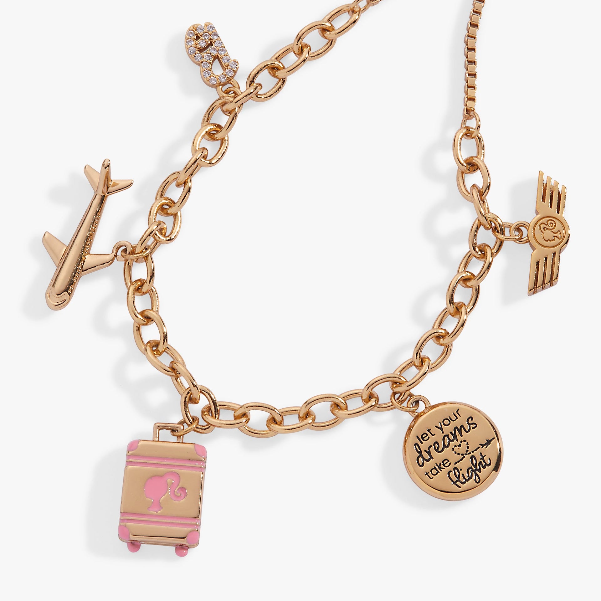 Travel Bolo Bracelet with Plane and Suitcase Charms in Gold