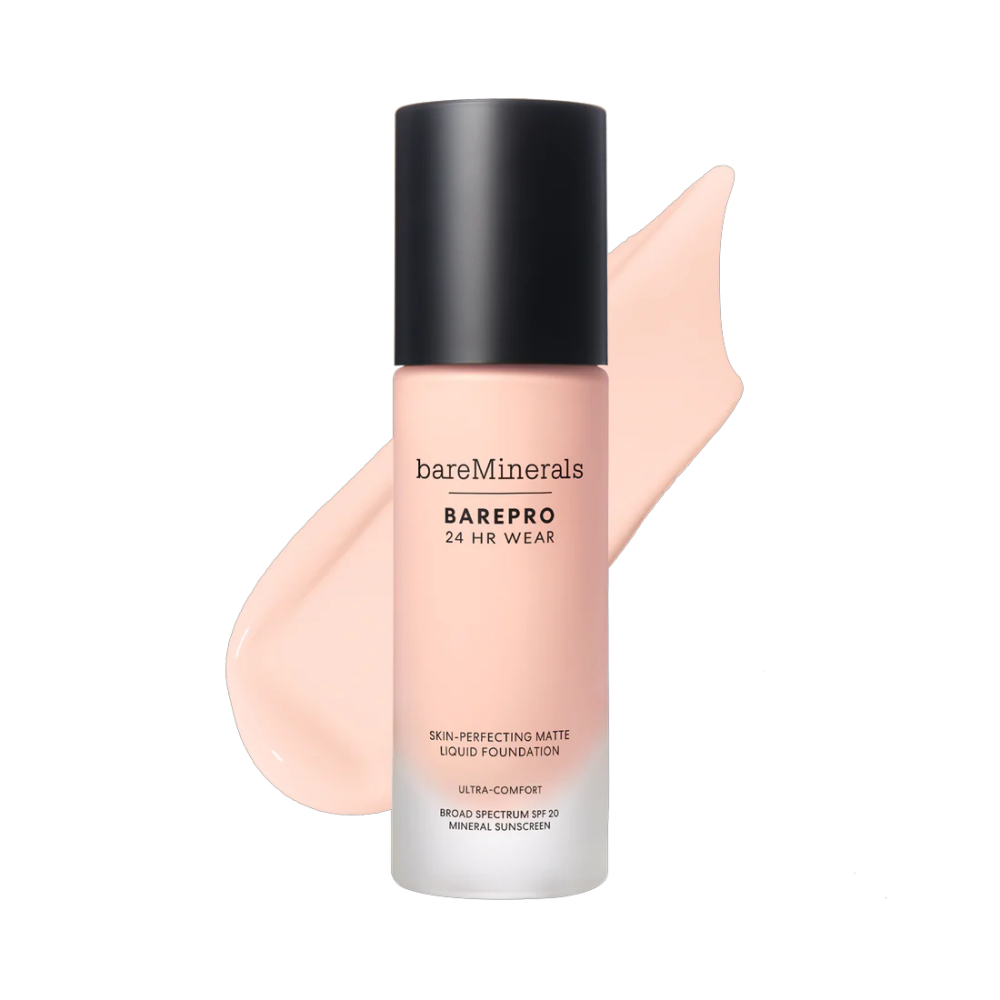 BarePro 24HR Wear Skin-Perfecting Matte Liquid Foundation bottle with SPF 20 label