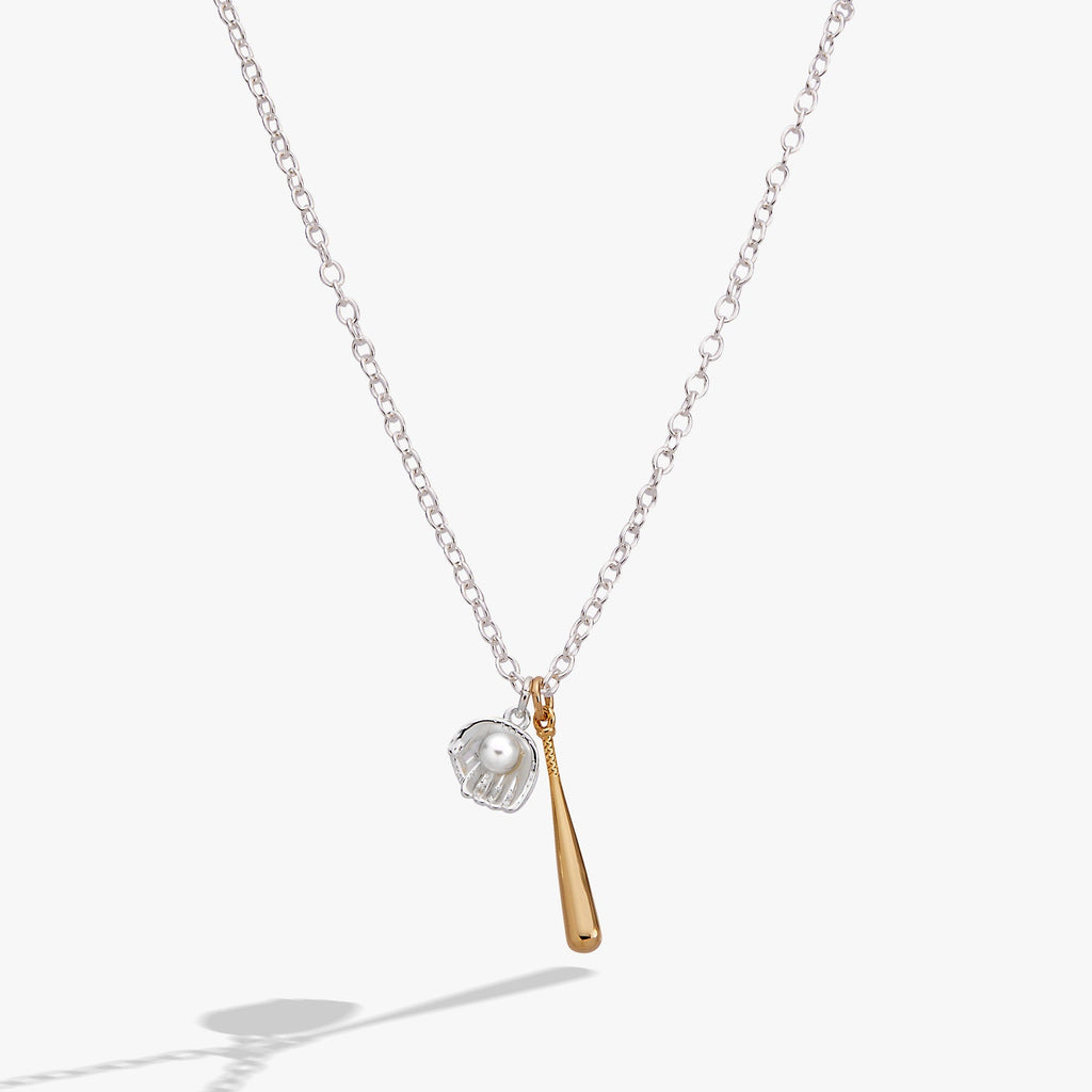 Two-toned baseball charm necklace with gold bat, silver glove, and pearl baseball