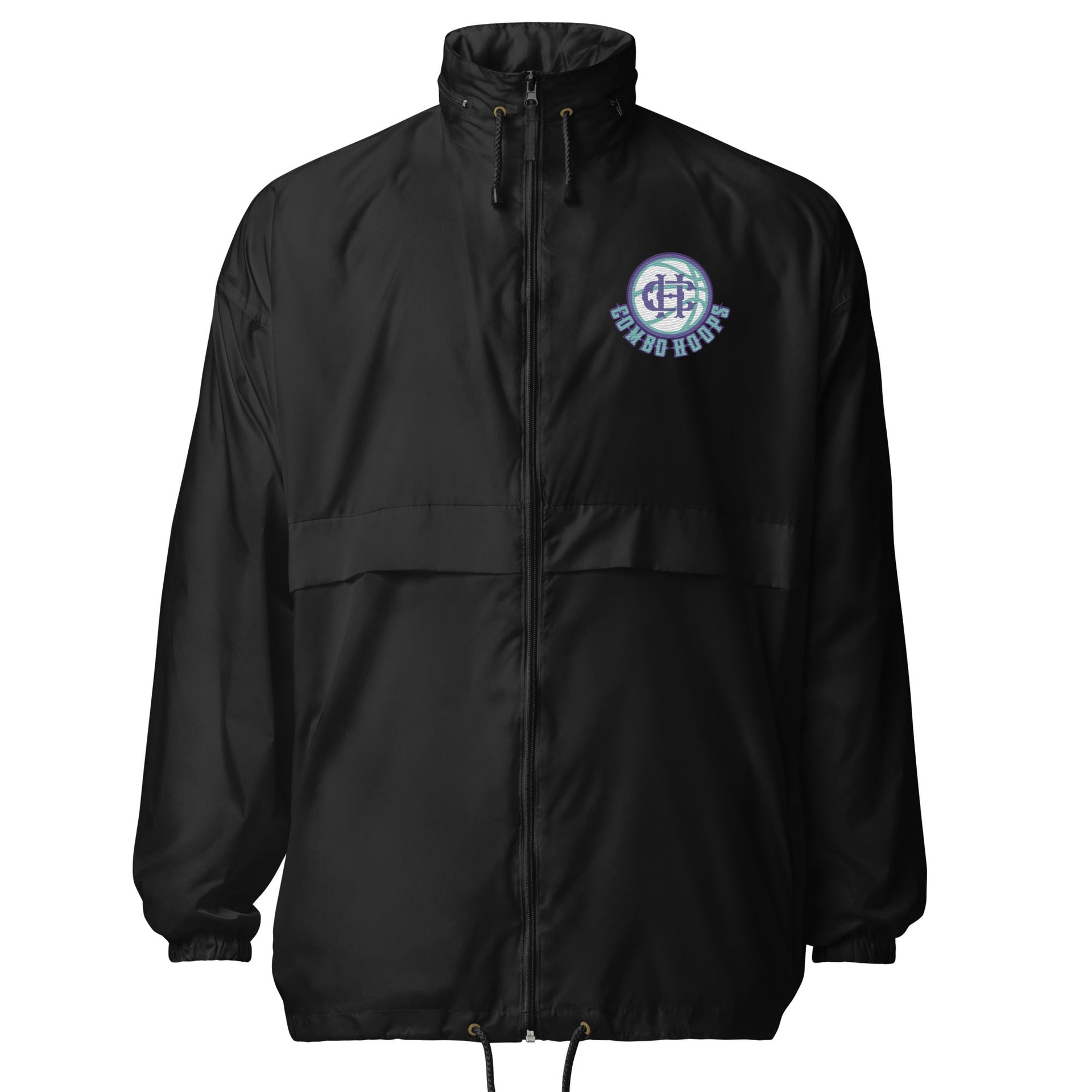 Unisex black windbreaker jacket featuring Nh Combo Hoops branding, zipped closure, and elasticated cuffs.
